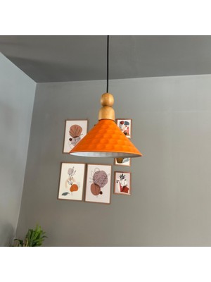 Bamyum Rumy Turuncu Tekli Avize Boncuk Kalın Ahşap Başlık Sarkıt Ofis Showroom Salon Mutfak Avizeleri