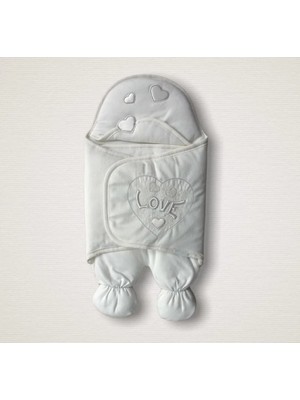 Litaetrend Yenidoğan Lüks Üç Kalp Love Nakışlı Kız Bebek Ayaklı Kundak Bebek Battaniyesi Ekru