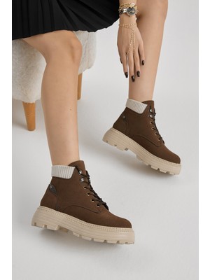 Tonny Black Kadın Kahve Süet Kalın Poli Taban Bileği Lastikli Bağcıklı Bot 5 cm Topuklu Modern Tasarım