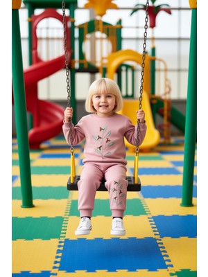 FRM Kız Çocuk Pamuklu Örme Iki Parça Takım Çiçek Detaylı Günlük Giyim Kaliteli Şık Rahat