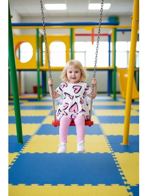 FRM Kız Çocuk Kalp Detaylı Pamuklu Kısa Kollu Üst ve Tayt Seti Kaliteli Şık Rahat