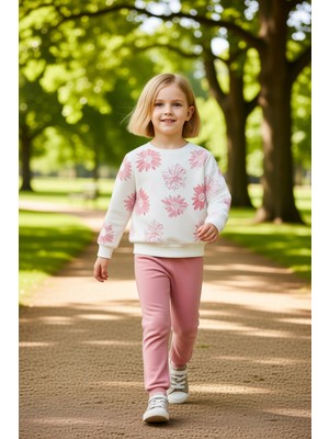 PayBuy Kız Çocuk Pamuklu Örme Sweatshirt ve Eşofman Altı Takımı Çiçek Baskılı Kaliteli Şık Rahat