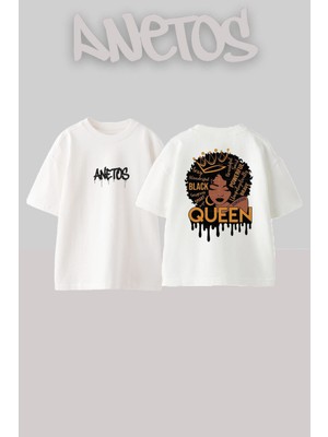 Anetos Queen Tasarım Sırt Baskılı Pamuk Beyaz Oversize T-Shirt