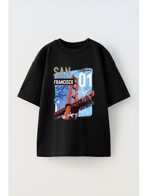 Anetos San Francısco Baskılı Ünisex Pamuk Siyah Oversize T Shirt