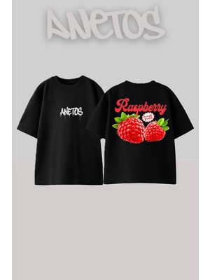 Anetos Raspberry Tasarım Sırt Baskılı Pamuk Siyah Oversize T-Shirt