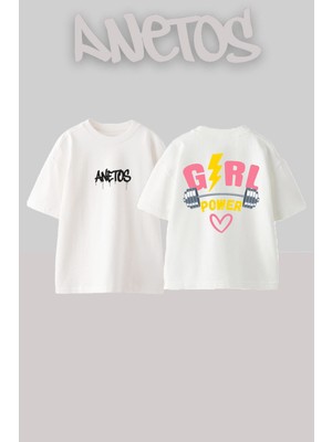 Anetos Power Gırl 1 Tasarım Sırt Baskılı Pamuk Beyaz Oversize T-Shirt