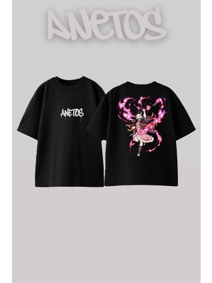Anetos Nezuko Tasarım Sırt Baskılı Pamuk Siyah Oversize T-Shirt