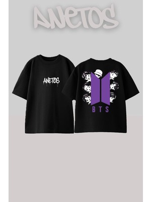 Anetos Bts 1 Tasarım Sırt Baskılı Pamuk Siyah Oversize T-Shirt