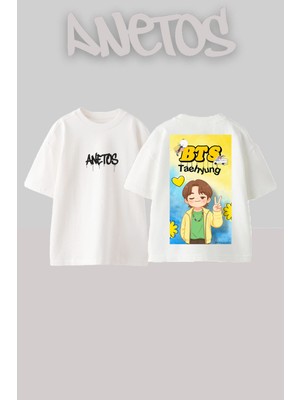 Anetos Bts 3 Tasarım Sırt Baskılı Pamuk Beyaz Oversize T-Shirt