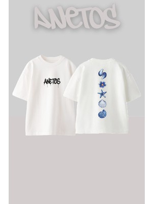 Anetos Sea Shells Tasarım Sırt Baskılı Pamuk Beyaz Oversize T-Shirt