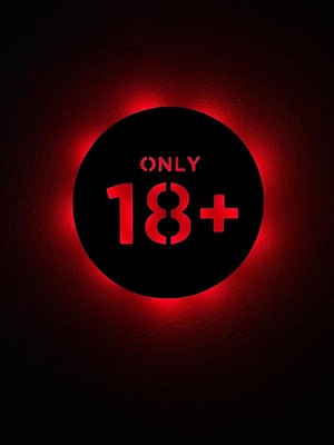 Aa Pilli Ledli 18+Yazılı Tablo Kapı Süsü, Duvar Dekorasyon, Yuvarlak Ahşap Tablo