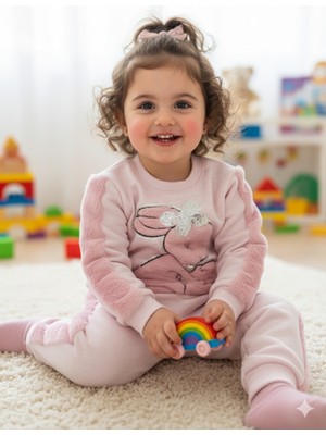 Şimo Butik Kız Çocuk Peluş Detaylı Kabartmalı Kalın Takım Cepli %100 Pamuk