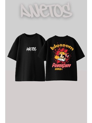 Anetos Powerpuff Tasarım Sırt Baskılı Pamuk Siyah Oversize T-Shirt
