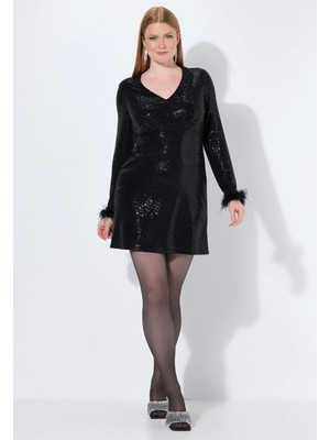 Şans Kadın Büyük Beden Siyah, V Yaka Pullu Abiye Elbise 65N39119