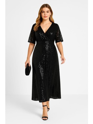 Şans Kadın Büyük Beden Siyah, Pul Payet Işli, Bel Lastik Detaylı, V Yaka Abiye Elbise 65N39200