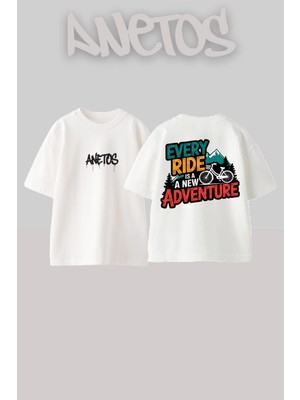 Anetos Ride 4 Tasarım Sırt Baskılı Pamuk Beyaz Oversize T-Shirt