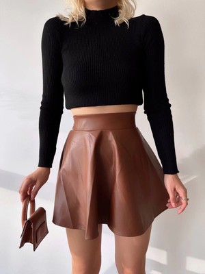 Femina Trendy Beli Lastikli Deri Etek Kahve S24599