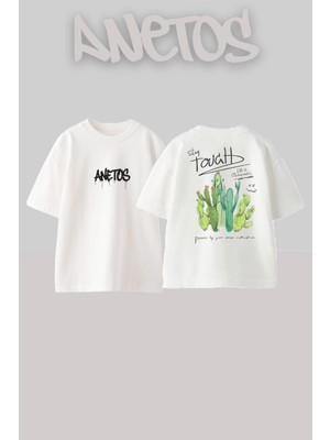 Anetos Kaktus 2 Tasarım Sırt Baskılı Pamuk Beyaz Oversize T-Shirt