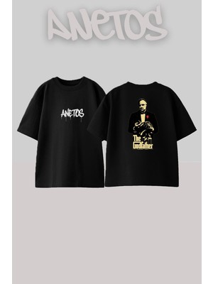 Anetos The Godfather Tasarım Sırt Baskılı Pamuk Siyah Oversize T-Shirt