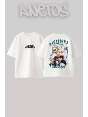 Anetos Demon Slayer 20 Tasarım Sırt Baskılı Pamuk Beyaz Oversize T-Shirt