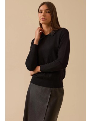Seçil Kadın Boncuk Detaylı Bel Boy Triko Bluz 0008 Siyah