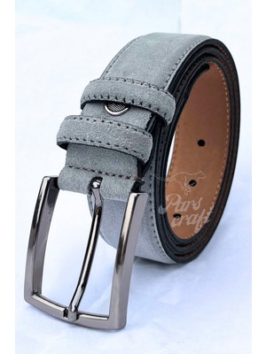 Parscraft Hakiki Süet Deri Gri Erkek Kemer 3,5 cm Orijinal Klasik Kumaş Pantolon Kemeri