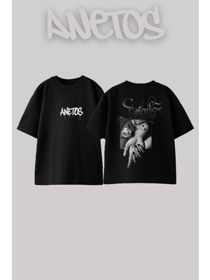 Anetos Stayls Rose Hand Tasarım Sırt Baskılı Pamuk Siyah Oversize T-Shirt