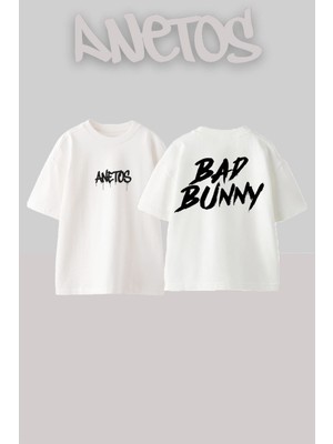 Anetos Bad Bunny 17 Tasarım Sırt Baskılı Pamuk Beyaz Oversize T-Shirt