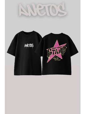 Anetos Stars Tasarım Sırt Baskılı Pamuk Siyah Oversize T-Shirt