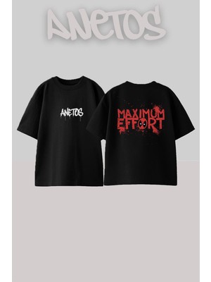 Anetos Maxımum Effort Deadpool Tasarım Sırt Baskılı Pamuk Siyah Oversize T-Shirt