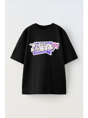 Anetos Bts 4 Baskılı Ünisex Pamuk Siyah Oversize T Shirt
