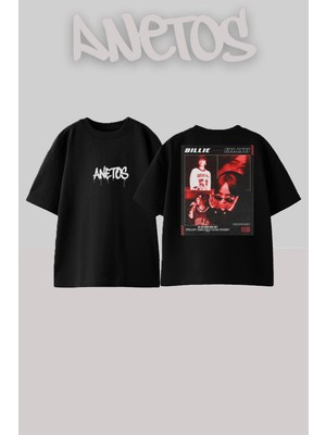 Anetos Billie Eilish 12 Tasarım Sırt Baskılı Pamuk Siyah Oversize T-Shirt