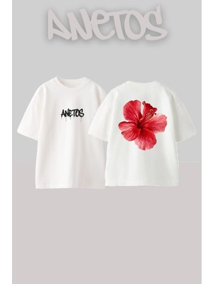 Anetos Hibiscus Flower Tasarım Sırt Baskılı Pamuk Beyaz Oversize T-Shirt
