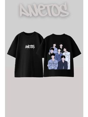 Anetos Bts Tasarım Sırt Baskılı Pamuk Siyah Oversize T-Shirt