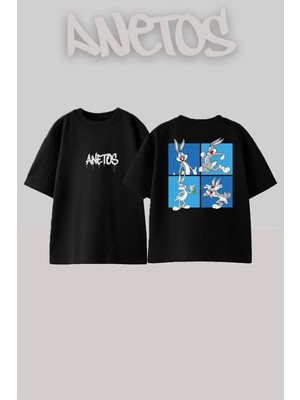 Anetos Bugs Bunny Tasarım Sırt Baskılı Pamuk Siyah Oversize T-Shirt