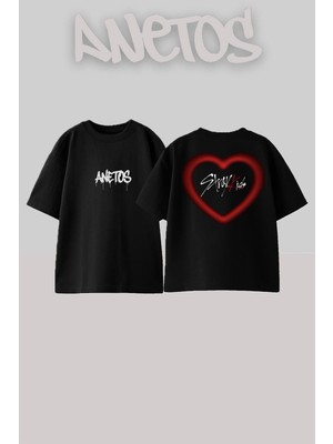 Anetos Stray Kıds 1 Tasarım Sırt Baskılı Pamuk Siyah Oversize T-Shirt
