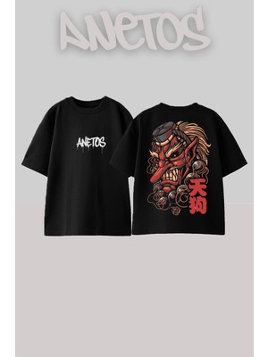 Anetos Demon Mask Tasarım Sırt Baskılı Pamuk Siyah Oversize T-Shirt
