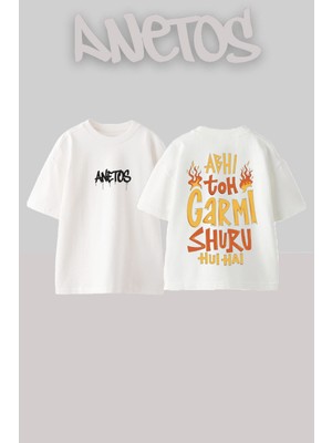 Anetos Abhi Toh Garmı Tasarım Sırt Baskılı Pamuk Beyaz Oversize T-Shirt