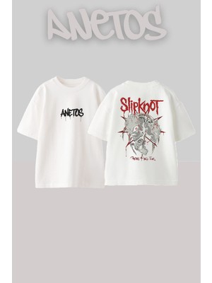 Anetos Slipknot 15 Tasarım Sırt Baskılı Pamuk Beyaz Oversize T-Shirt