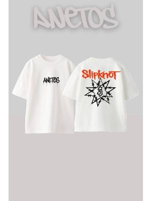 Anetos Slıpknot Tasarım Sırt Baskılı Pamuk Beyaz Oversize T-Shirt