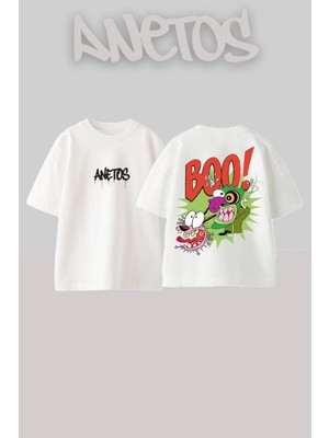 Anetos Boo 1 Tasarım Sırt Baskılı Pamuk Beyaz Oversize T-Shirt