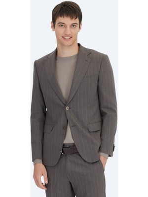 Kip Kahverengi Çizgili Modern Fit Yün Karışımlı Takım Elbise