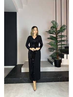 Ges Moda G0735 V Yaka Payet Detaylı Abiye Elbise Siyah
