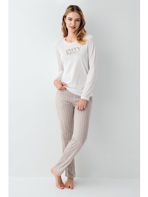 Arnetta Kadın %100 Pamuklu Pijama Takım, Uzunkol, Cepli, Yazı Baskılı