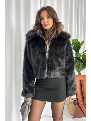OEY Fashions Fermuarlı Kısa Kürk Siyah T7746