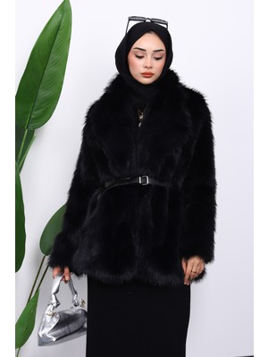 İmaj Butik Siyah Kemerli Kısa Kürk Kaban
