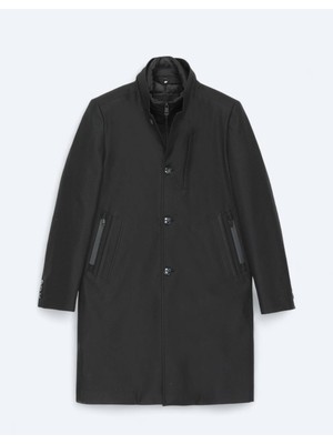 Kip Siyah Regular Fit Kruvaze Yaka Casual Dokuma Pardesü
