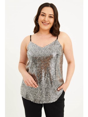 Myline Astarlı İp Askılı Payetli Bluz