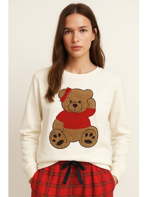 Kadın Teddy Sweatshirt Pijama Üstü Ekru