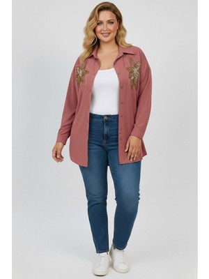 Kadın Büyük Beden Pul Payet Işlemeli Uzun Kollu Gömlek 1985-26